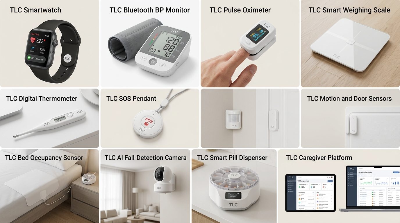The TLC device range: smartwatch, Bluetooth BP monitor, pulse oximeter, smart weighing scale, digital thermometer, SOS pendant, motion and door sensors, bed occupancy sensor, AI fall-detection camera, smart pill dispenser, and the caregiver platform on tablet and laptop